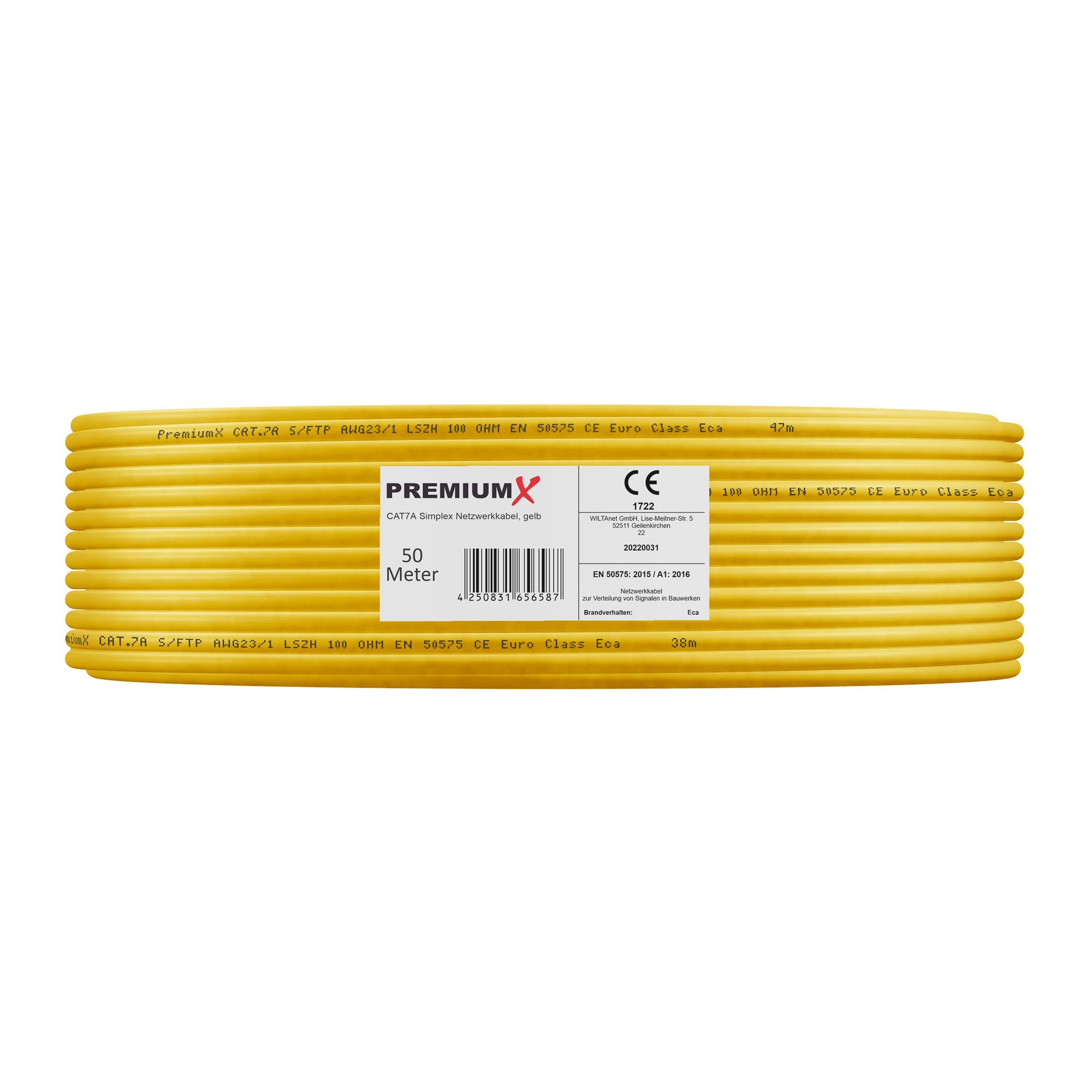 Premium X CAT 7A Cavo di rete 50m - Cavo Ethernet CAT7A Rame Puro - Schermato S/FTP - Cavo dati LAN Gigabit 1200 MHz 4x2xAWG23 PIMF PoE 10Gbit/s Senza alogenuri - Cavo di installazione - 50 metri