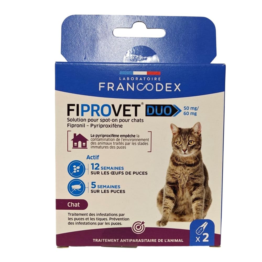 Fiprovet Duo Francodex pour chat | Solution spot-on anti-puces et tiques 2x0,5ml