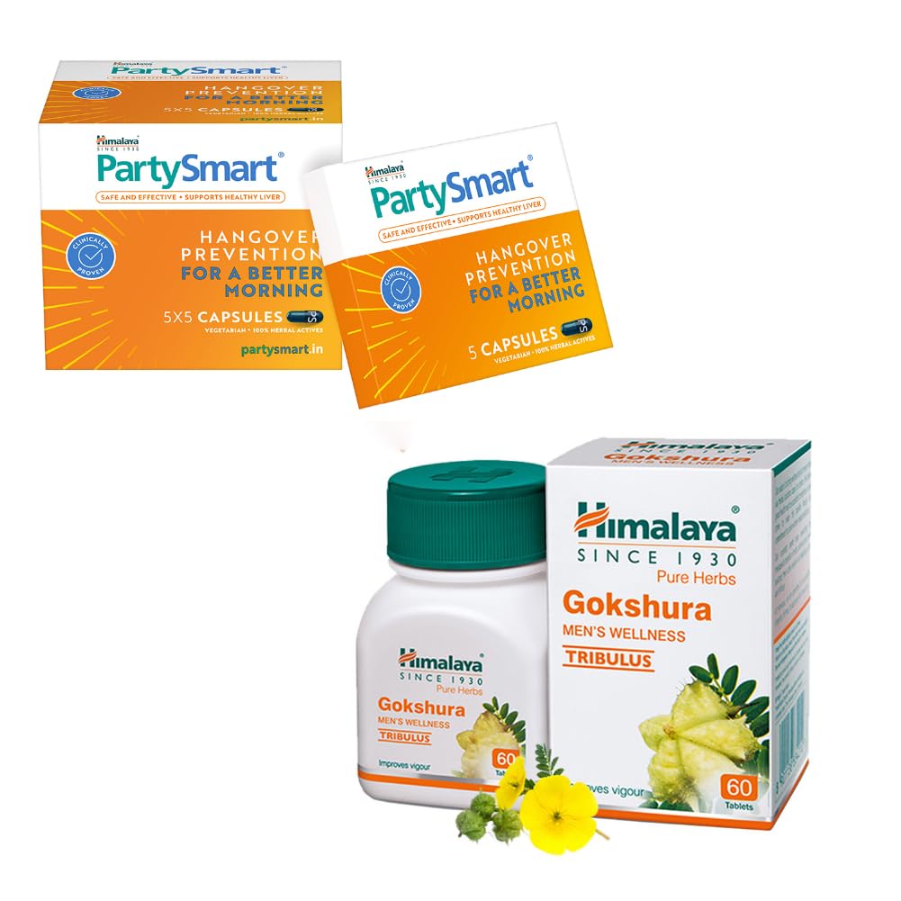 Himalaya Partysmart, 25 Capsules |Prevents Hangover & Helps Support Liver. Herbal Solution, Safe, Effective & Clinically Proven & Gokshura Men's Wellness Tablets, 60 Tablets