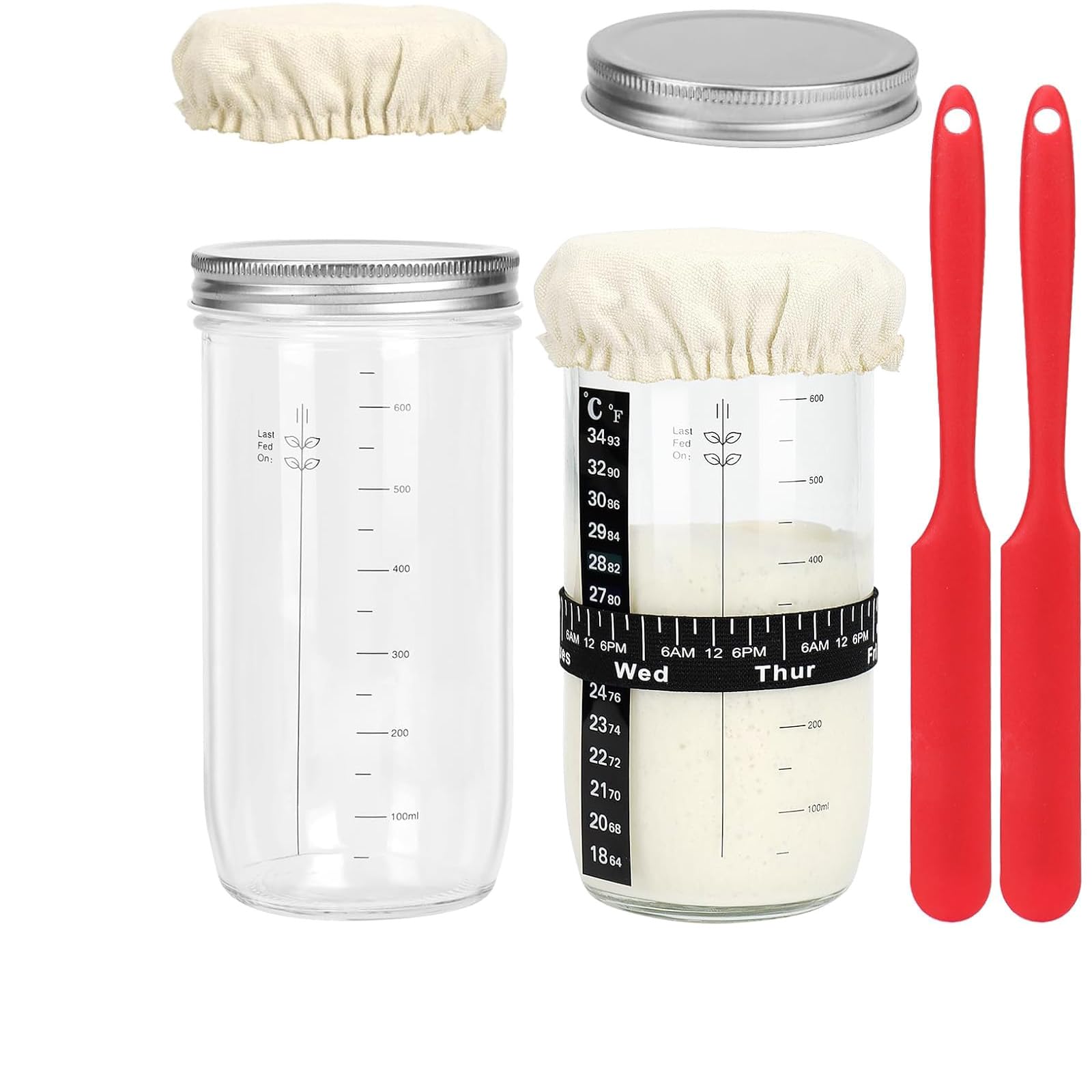 WOPPLXY 2 Pièces Kit Levain, 730 ML Bocal de Démarrage pour Levain, Kit de Démarrage au Levains avec Ruban d'alimentation Datte, Thermomètre, Couvercle, Spatule en Silicone