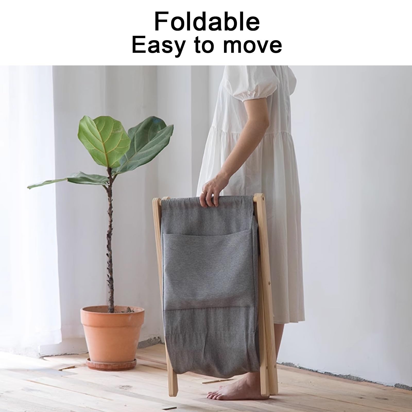 Laundry Basket Plegable Hecha de Madera Maciza, Cesta Ropa Sucia con Bolsa de Almacenamiento en el Lateral, Cestas for la Colada Plegables EE Lino, Resistente y Duradera(Gray)