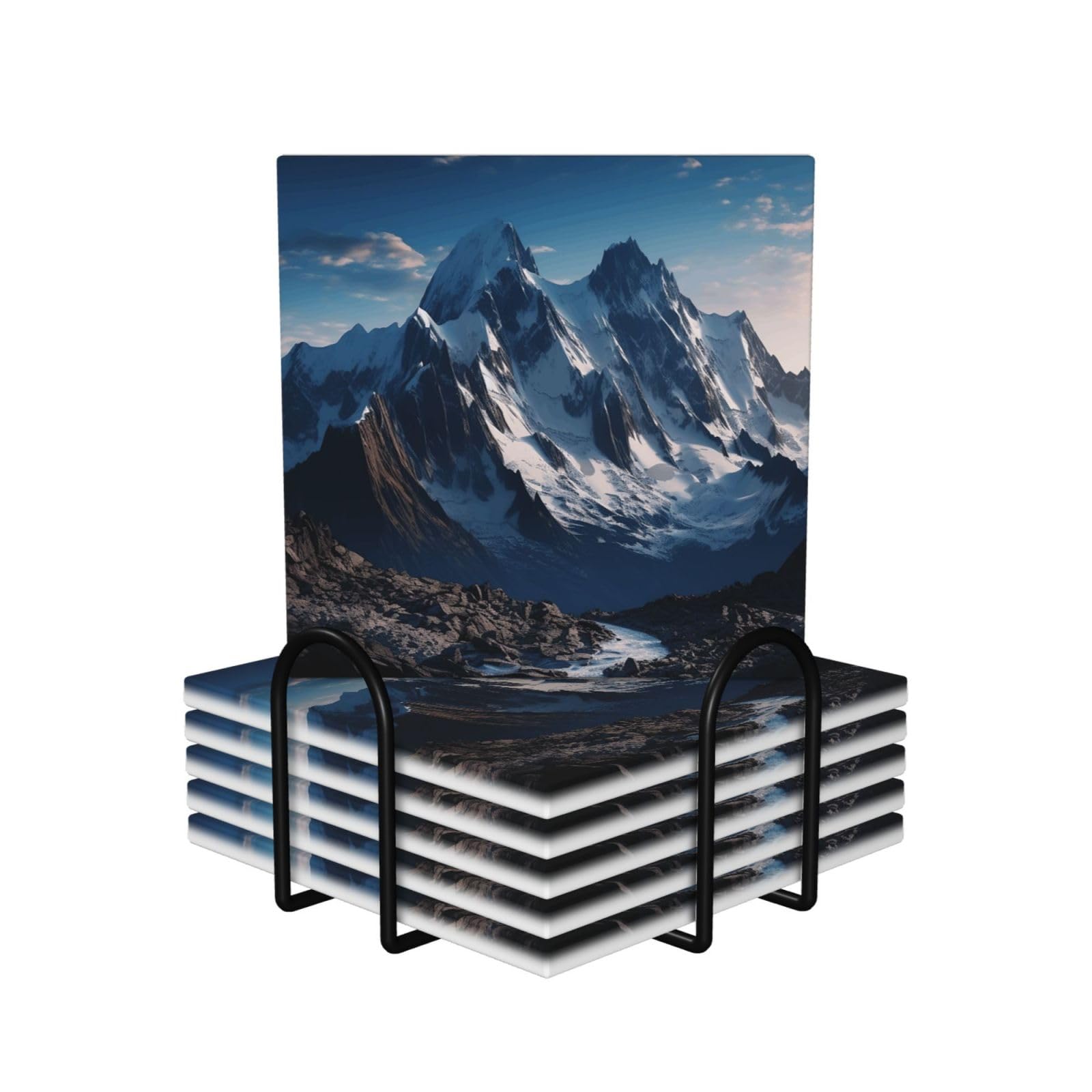 6Pcs Ceramics Coaster for Drinks, Melting Snow Mountain Cup Coasters with Holder, Aesthetic Drink Coasters for Coffee Table, Absorbent Round Coaster for Tabletop Protection 4" Cup Mat Pad