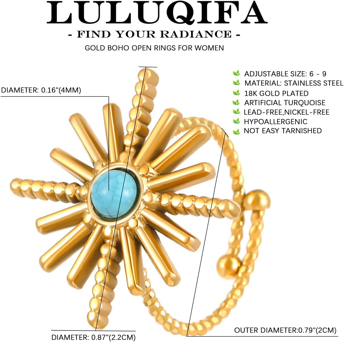 Gold Turquoise Ring for Women 18K Gold Plated Western Rings Vintage Boho Statement Stackable Band Open Adjustable Minimalist Trendy Jewelry for Mom Wife Birthday Gifts - Image 4