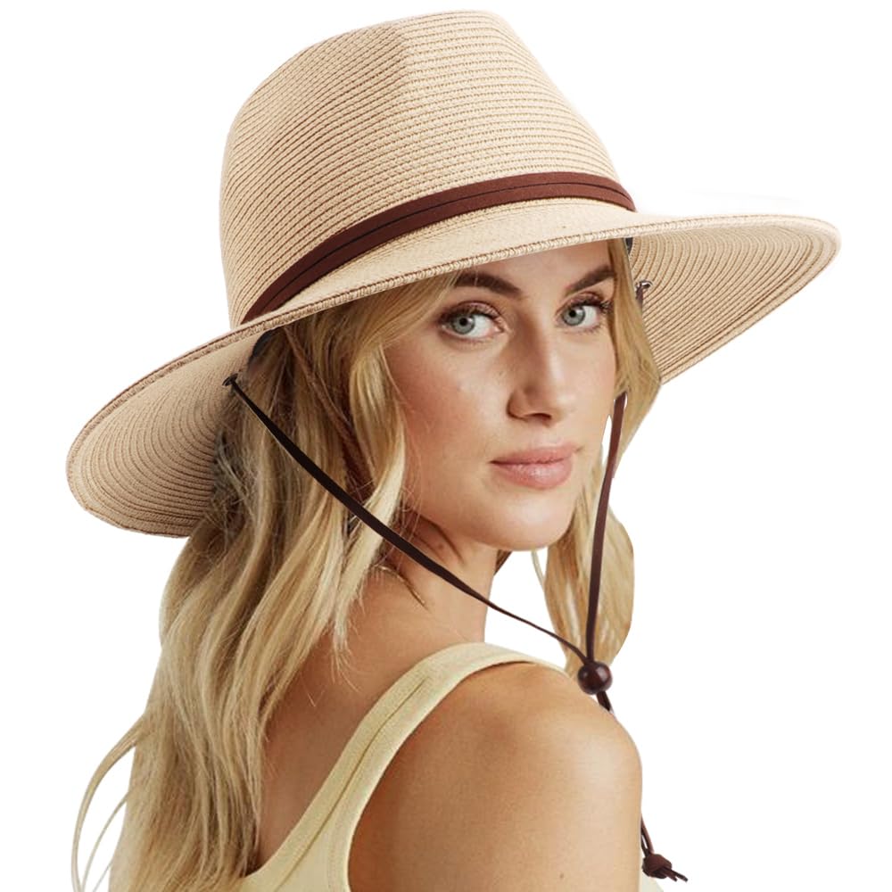 DRESHOW Womens Summer Straw Sun Hat Wide Brim Bucket Hats Fedora Hat Panama Beach Hat with Chin Strap UPF 50+