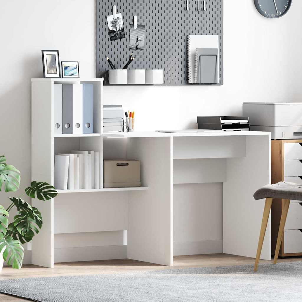 Scrivania bianco legno ingegnerizzato 131,5 x 50 x 106,5 cm con ripiano, cassetto e libreria integrata per ufficio, studio, smartworking, postazione computer e lavoro gaming salvaspazio