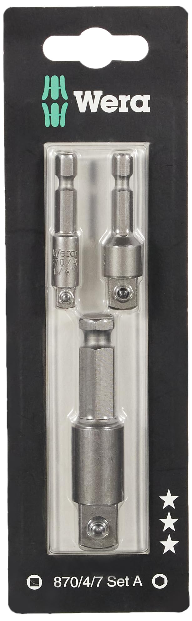 Wera 073200 3 Piece Socket Adaptor Set 1/4"" Hex To 1/4"",3/8"" & 7/16""-1/2"" Drive