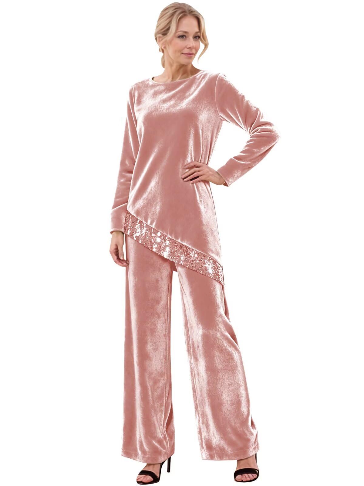 Velvet Mother of The Bride Pants Suits for Wedding Long Sleeve Sequin Formal Outfit Sets 2 Piece Sets