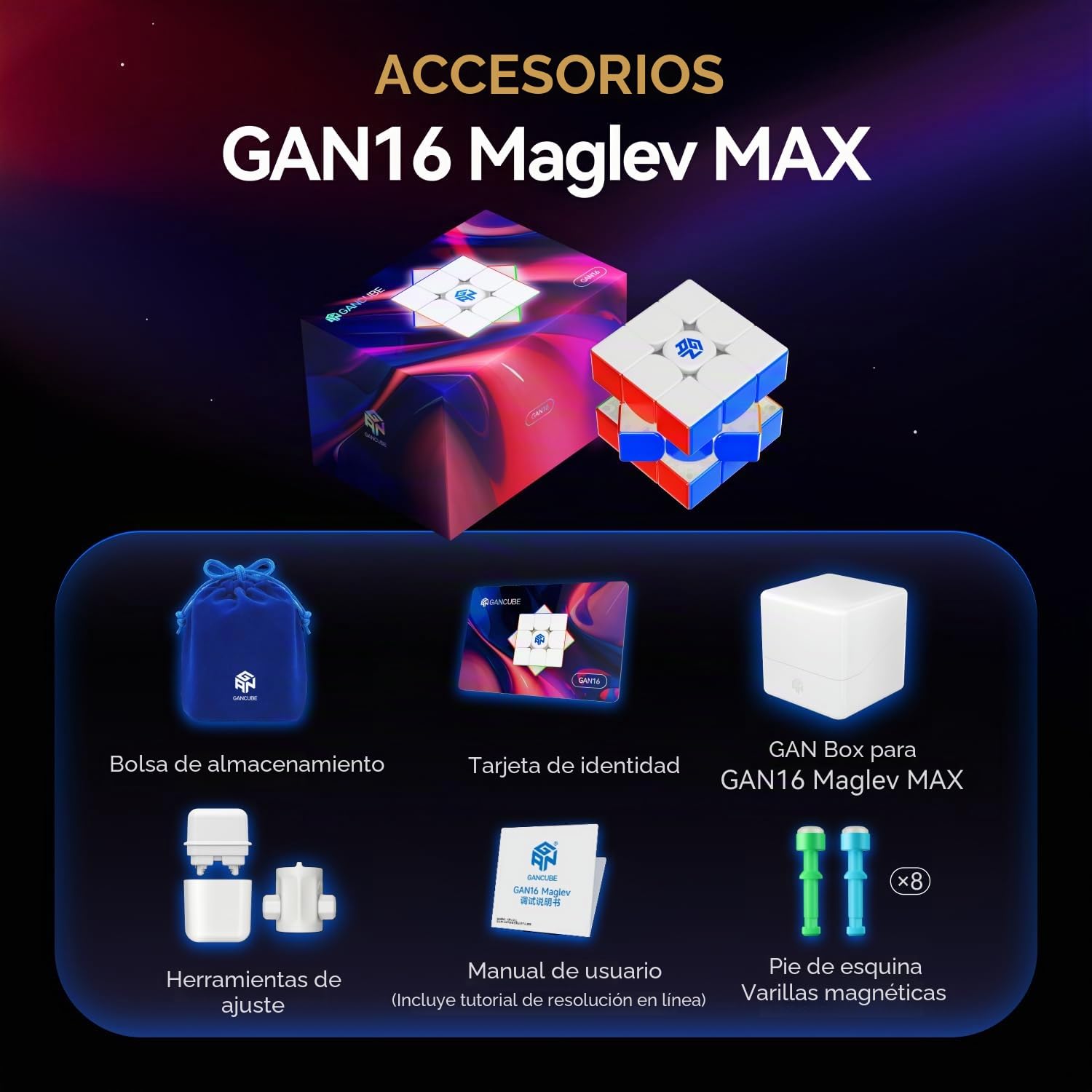 GAN 16 Maglev MAX Speed Cube 3x3, Magnético Profesional Cubo, Ajuste Digital de la Tensión, Juguete Educativo para Niños y Adultos, 2025 Peak Flagship(UV Coated)