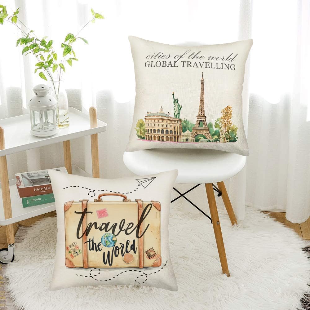 4 Pack Inspirational Quote Travel Theme Cotton Linen Throw Pillow Covers Home Decorative Cushion Case Square Pillowcase 18’’x18’’ with Summer Beach Happy Camper (4 Pack Travel Theme B) - Image 5