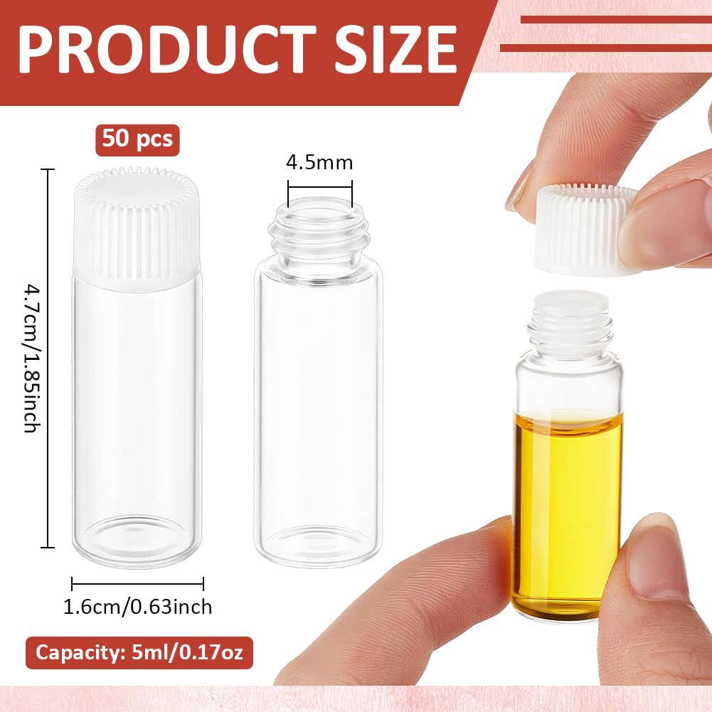 BENECREAT 50 Fiala di Vetro Bianco Da 5ml con Tappo A Vite, Piccole Bottiglie di Olio Essenziale A Prova di Perdite, Contenitore per Campioni Ricaricabile per Aromaterapia e Fai Da Te
