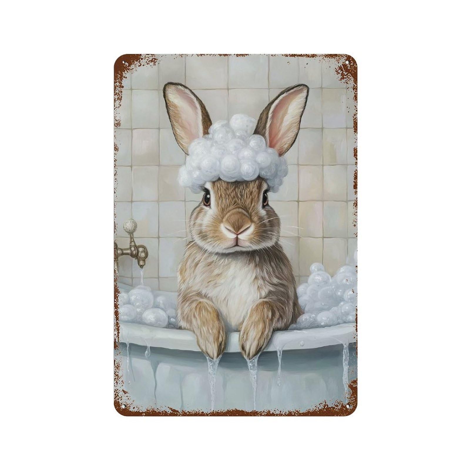 Bunny Bath Time Aged Metal Wall Plaque 11.8"x7.9", Classic Wall Plaque for Garage, Pub Or Kitchen