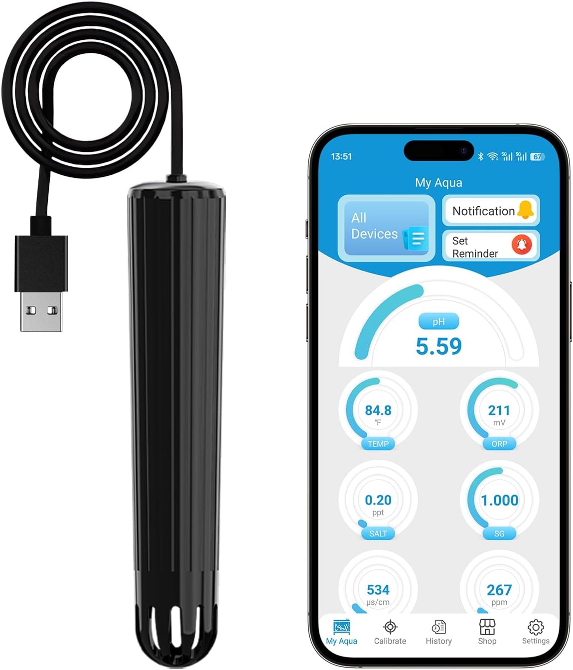 kactoily Smart WiFi Aquarium Monitor, Digital pH EC TDS ORP Temp Salinity Meter Water Tester, 7-in-1 Slim Monitor with Floating Ring for Freshwater Slatwater Fish Tanks Ponds