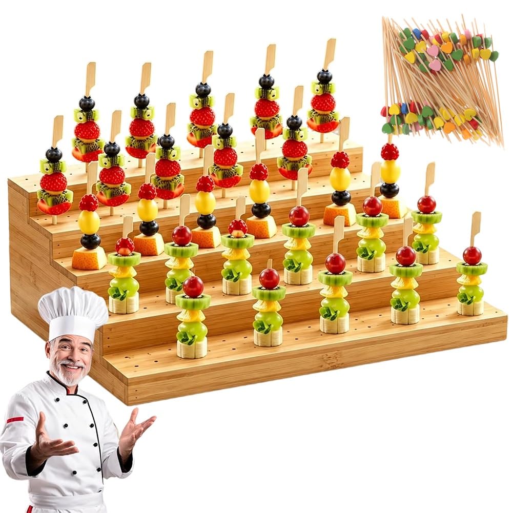 Bamboo Skewer Holder Food Display Stand with 100 Heart Shaped Picks Multi Level Appetizer Board for Fruit Cheese Meat Snacks Cocktail Party Serveware Accessories Wedding Catering Buffet(5-tire)