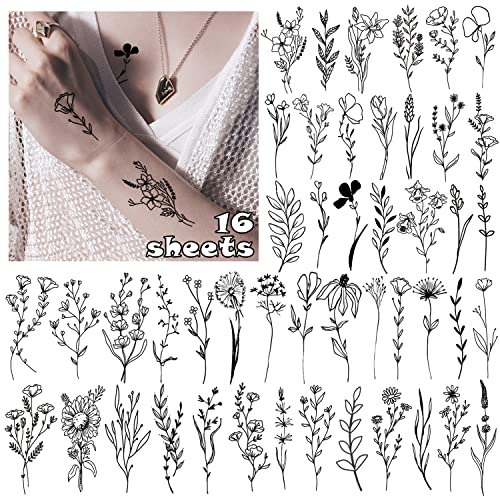LEADTEAM 16 Blätter Fake Tattoos, Temporäre Tattoos 3D Tattoo Aufkleber Blume Tattoo, Klebe Tattoos Erwachsene Tattoos Aufkleben Damen Fake Tattoos Frauen Tattoo Aufkleber Party Deko Cover
