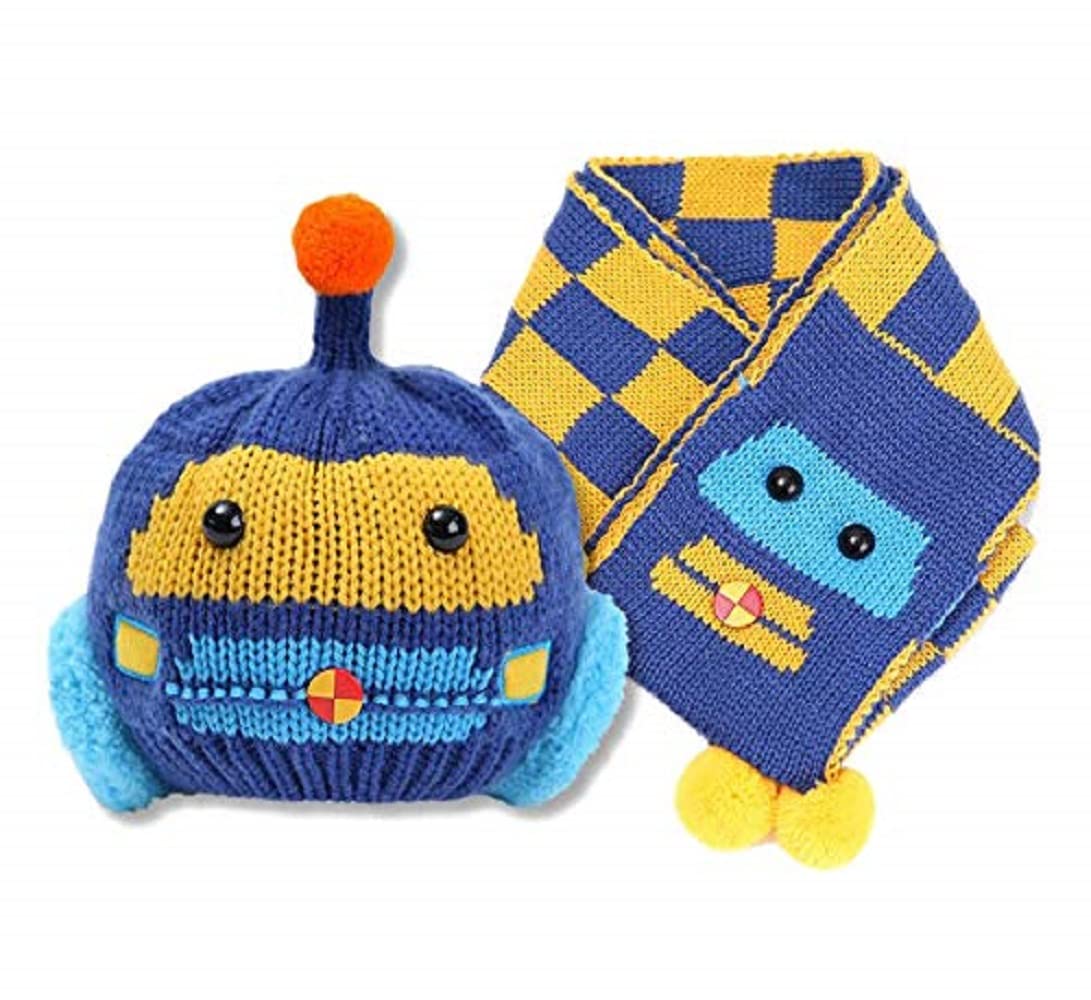 R&d Baby Boys & Girl's Winter Warm Knitted Cartoon Design Beanie Cap with Knitted Muffler Scarf Set (1-3 Years) (Blue) 1