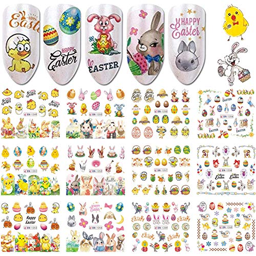 12 Sheets Easter Nail Art Stickers Water Transfer Decals Nail Art Supplies Holiday Nail Decorations Cartoon Rabbit Chick Egg Nail Sticker Set Manicure Designs Adhesive Sliders Decal Nail Accessories