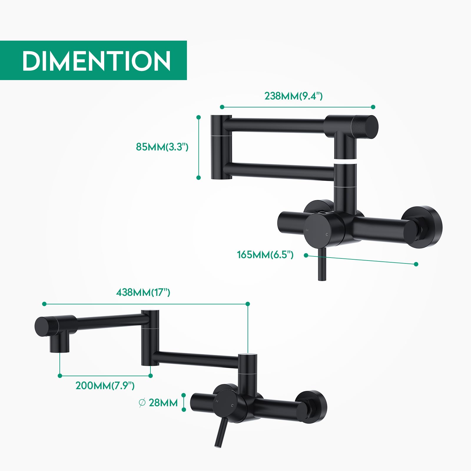 CREA Robinet Mural Robinet de Cuisine, Mitigeur Evier 2 Jets d'eau,Pivotant à 360° pour Évier de Cuisine Double Poignée, Eau Chaude et Froide,Aérateur Démontable,Noir Mat