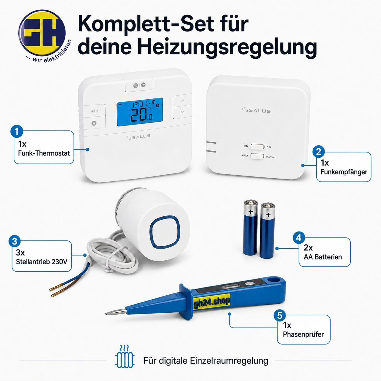 SALUS Controls SmartHome Heizung Einzelraumregelung Digitaler Funk Raumthermostat mit Empfänger, 3X Stellantrieb und 1x gh24 Phasenprüfer