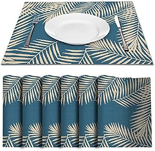 VIVILINEN PVC Woven Placemat Sets of 6, Washable Heat Resistant Non-Slip Table Placemats for Kitchen Restaurant Dinner Home Decor, Gift Package, Leaf Printing Bronzing, 45 x 30cm, Blue