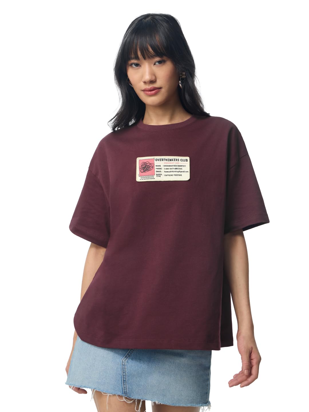 Overthinkers Club Women and Girls Short Sleeves Round Neck Maroon Typography Printed Cotton Durable Casual Cotton Drop Shoulder Streetwear Oversized T-Shirt-image-41
