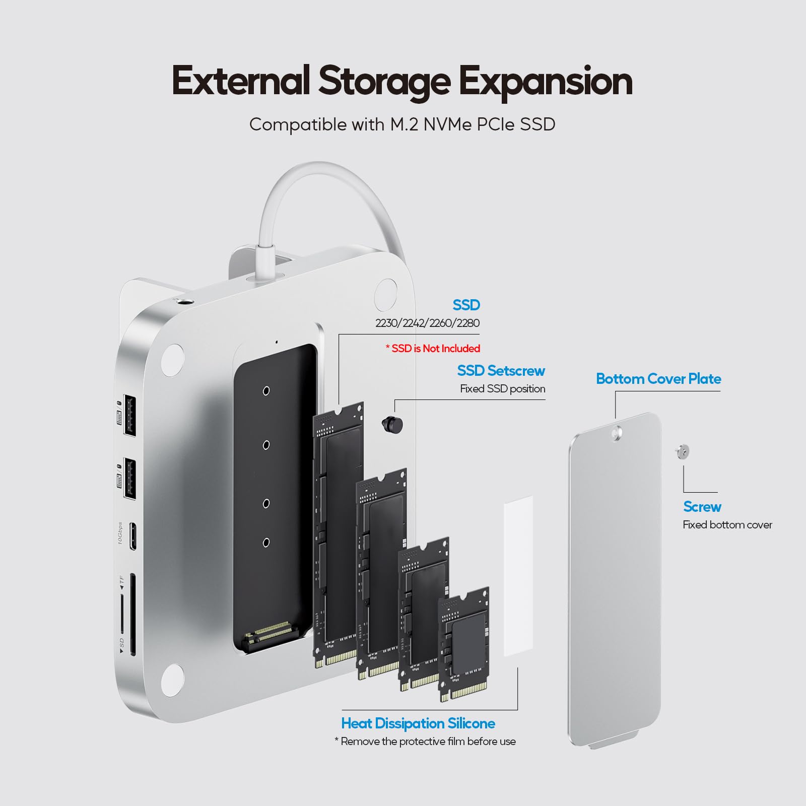 Mac Mini M4 Dock 8 en 1 avec boîtier SSD M.2 de 4TB pour Mac Mini M4/M4 Pro | PULWTOP Hub USB-C pour Mac Mini M4 et M4 Pro 2024, Station d'accueil avec USB A/C 10 Gbit/S, USB A 2.0, Audio, SD/TF