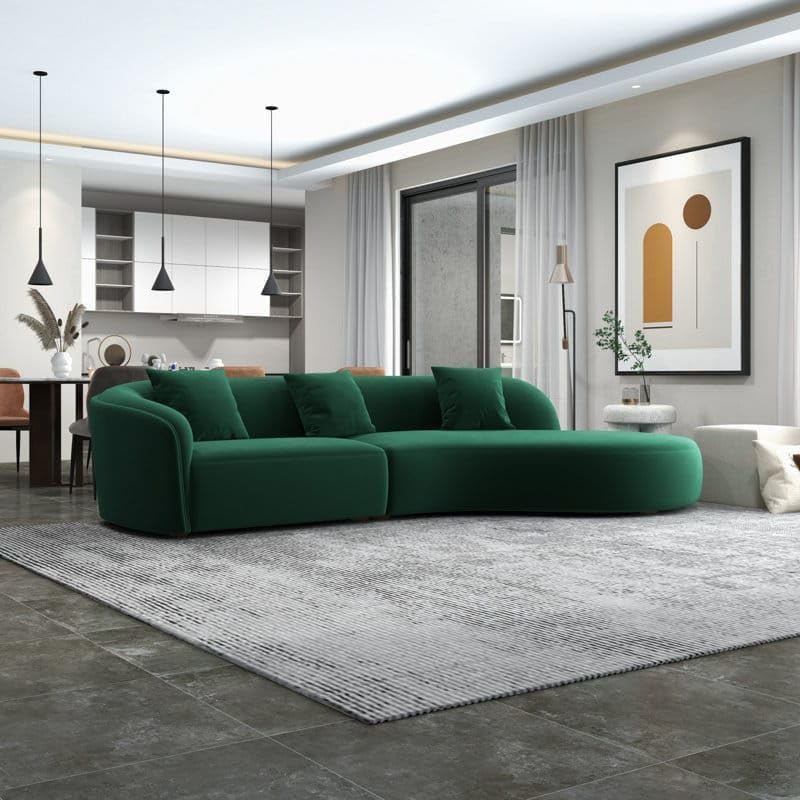 Image of 110.24 inch Modern Futuristic J- Style Curved Velvet Sofa, Sectional Sofa Round Arm with Soft Pillow for Living Room, Bedroom, Hallways (Green)