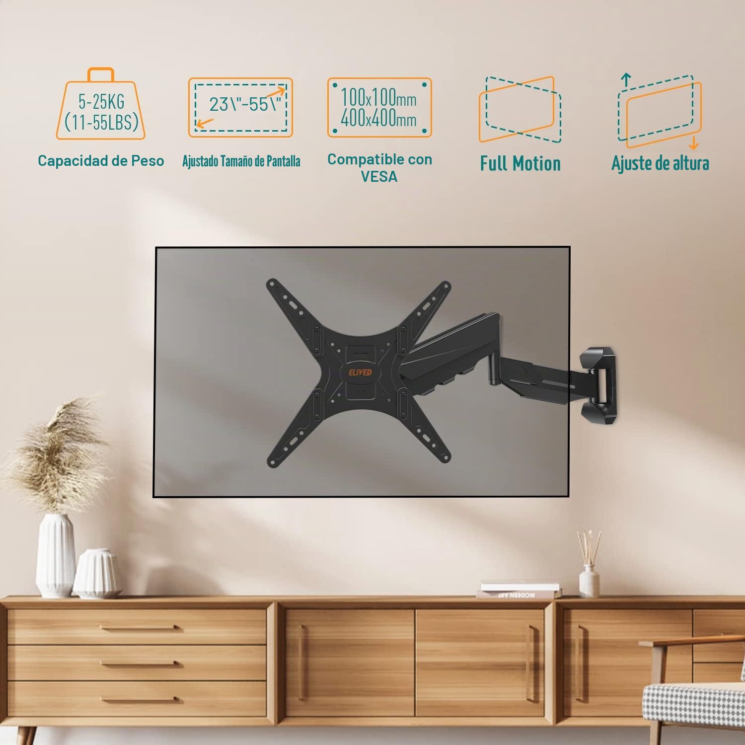 ELIVED Soporte de pared regulable en altura para la mayoría de televisores LED, LCD, OLED planos o curvados de 23 a 55" con VESA 100 x 100 mm-400 x 400 mm hasta 25 kg, soporte de ángulo de movimiento