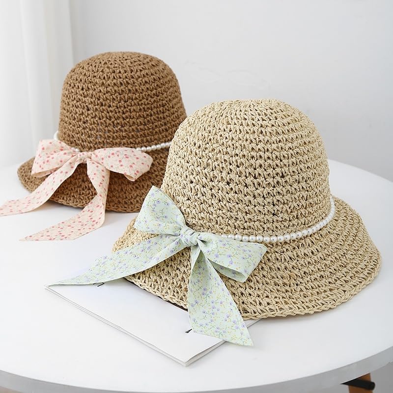 Sombrero de Paja de Verano para Mujer,de ala Ancha,Ligero,con Lazo Floral de Perla,Plegable,Transpirable,para Playa,para Actividades Al Aire Libre