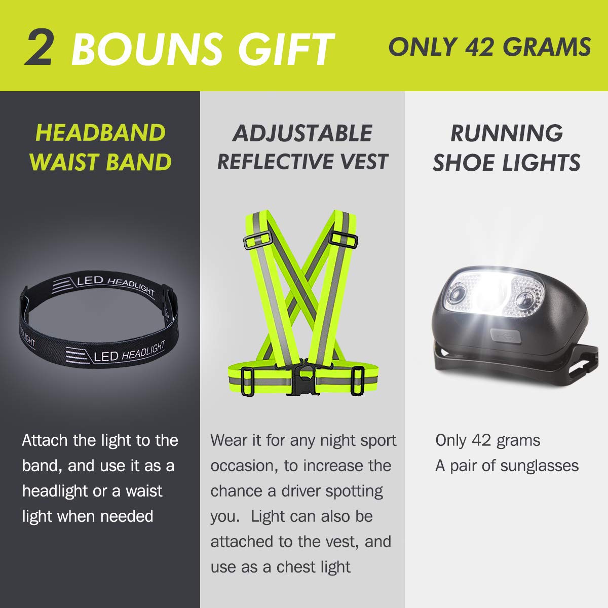 Phare Rechargeable USB Lumières De Course URAQT Rechargeables USB - 4 Modes (dont Clignotant) - 180 Lumens - Clip Réfléchissant - Pour Running, Vélo Lumière Clip Vélo Chien