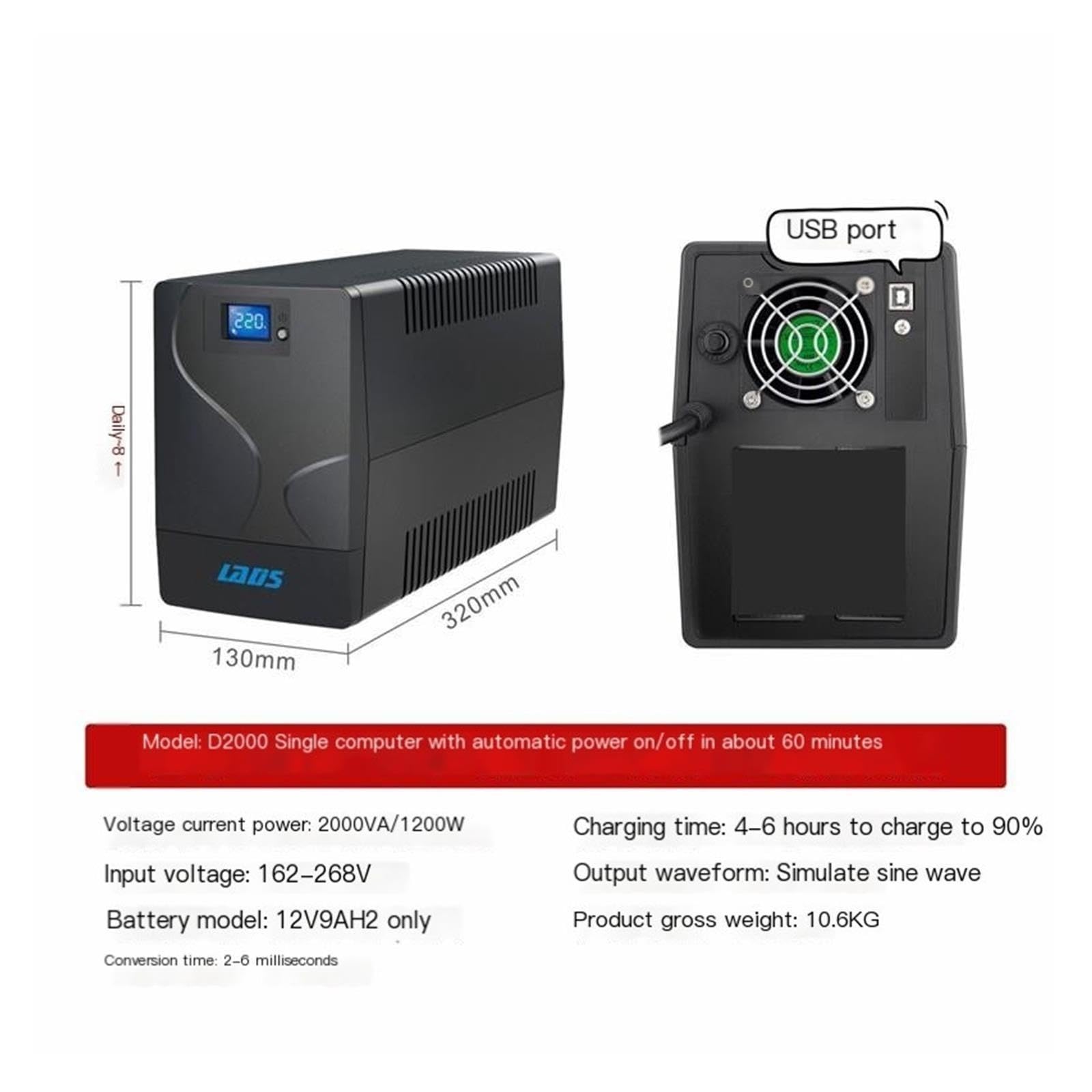 Alimentación ininterrumpida de UPS, UPS en línea de D2000-1200W 2000VA