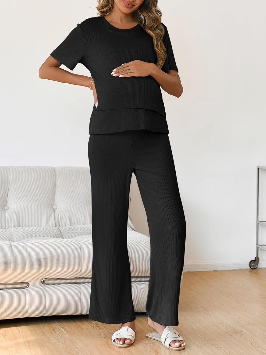 Tankaneo Womens Postpartum Maternity Pajamas 2 Piece Sets Rib Short Sleeve Nursing Tops and Elastic Waist Pants Loungewear - Image 4