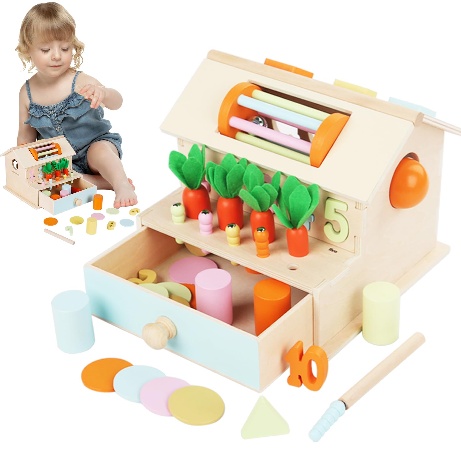 Joellfuner Juguetes Montessori Bebe, 8 en 1 Caja Montessori Madera, Cubo Actividades Bebe 1 Año Montessori, Juguete de Clasificación de Madera, Regalo Cumpleaños Navidad para Niños Niñas(B)
