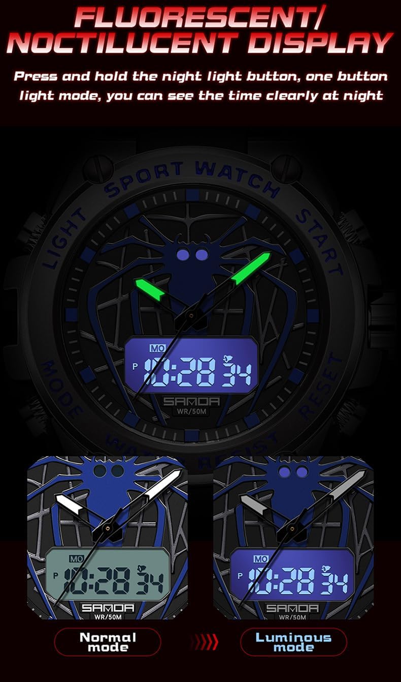 MASTOP Men's Spider Design Watch Outdoor Sports Waterproof Alarm Calendar Multi-Function Luminous Stopwatch with Digital and Analog Dual Display Watches for Men