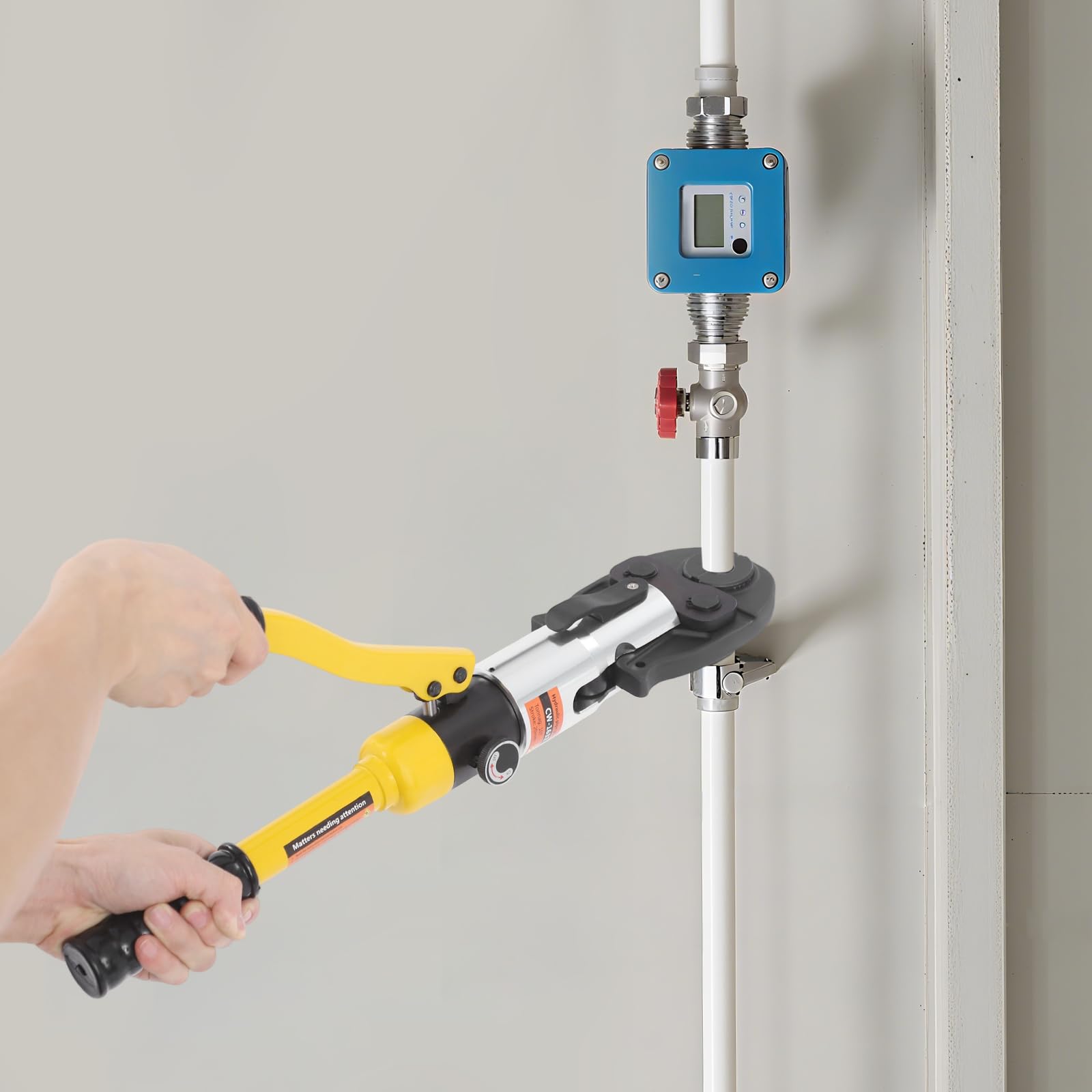 Pinza crimpatrice idraulica compatta, pinza crimpatrice idraulica, con testa girevole a 360° per spazi ristretti, strumento di pressatura ergonomico con manici antiscivolo (giallo)