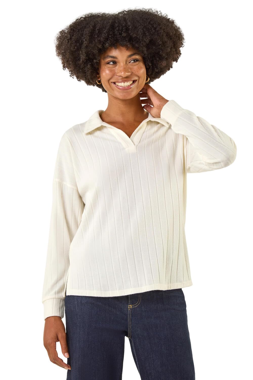 Roman Originals Women's Beige Ribbed Collared Stretch Top For Uk - Everyday Autumn Winter V-Neckline Comfy Soft Evening Vacation Work Party Night Out - Cream - Size 14