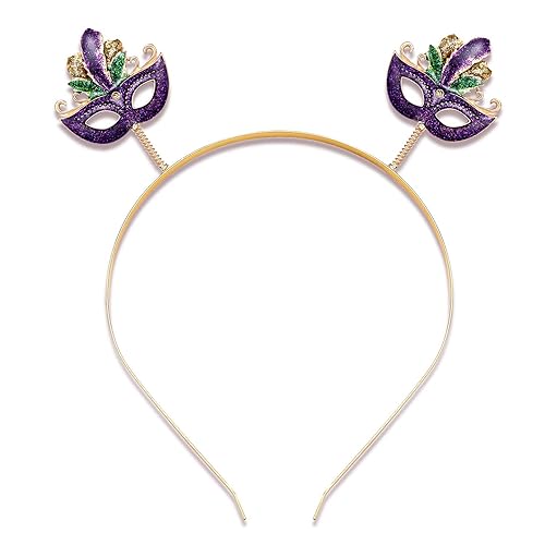 Miniatura 10 de NVENF Diadema de Mardi Gras con diamantes de imitación de flor de lis, máscara de letras de carnaval, aro para el cabello, accesorio para el cabello