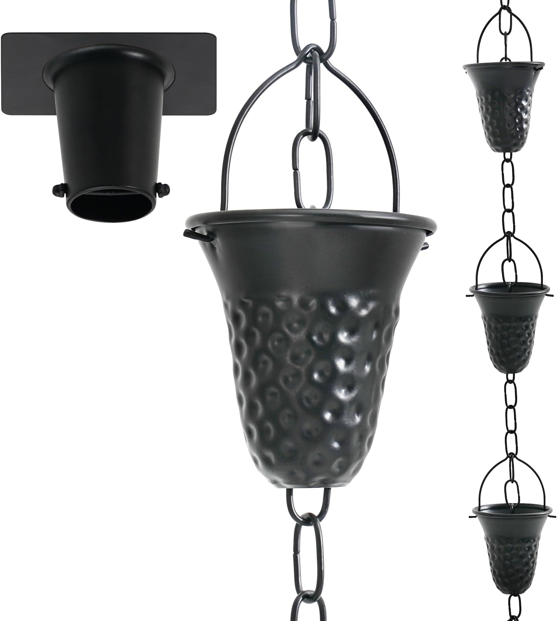 Rain Chains for Gutters with Gutter Adapter, Aluminum Hammered Long Cup Gutter Chain Downspout, 8-1/2 Feet Length Replacement Rain Chain Gutters, Black