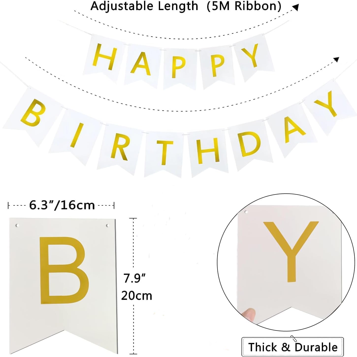 Large White and Gold Happy Birthday Banner – Elegant Birthday Flag Bunting for Party Backdrop, Birthday Decorations for Girls, Boys, Kids & Women