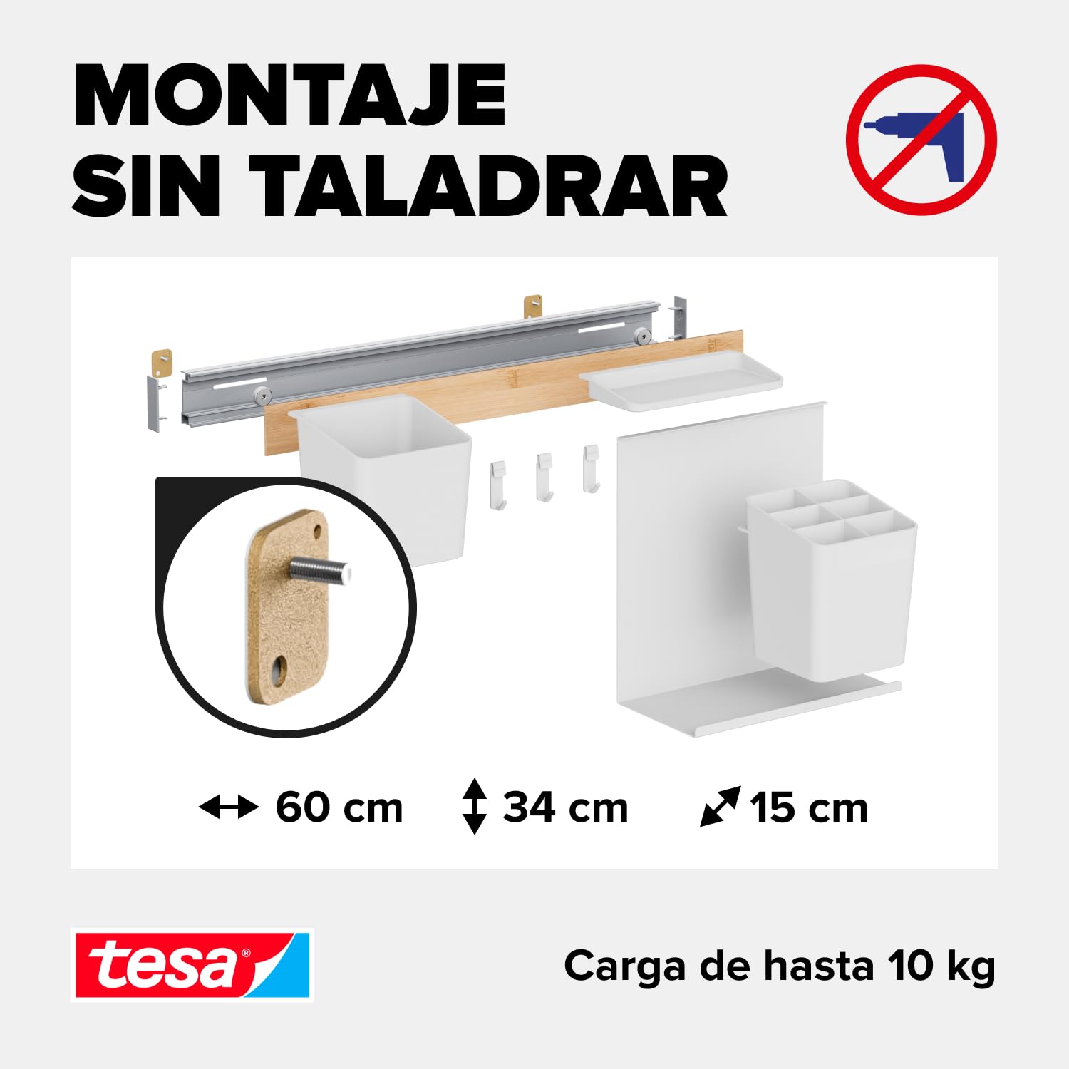 tesa Set Organizador de Cocina M - Riel Autoadhesivo con Maceta para Hierbas, 2 Repisas, Recipiente para Utensilios, Barra con 3 Ganchos - Montaje sin Taladrar - Bambú/Blanco