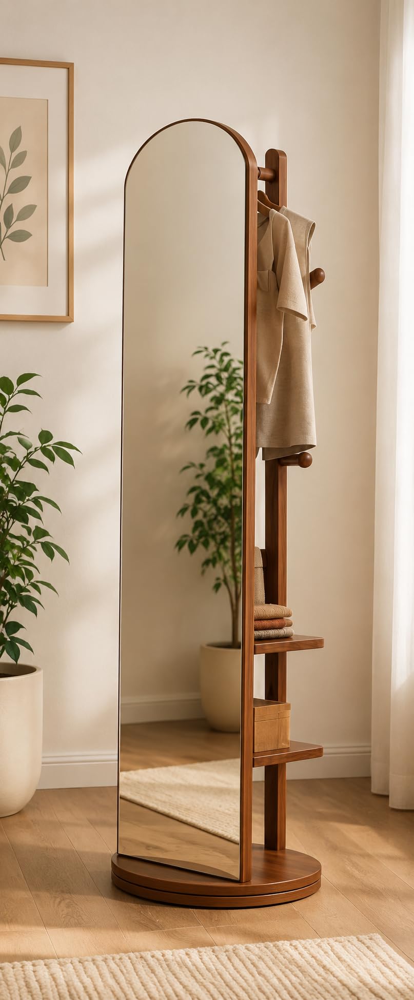 Wooden Foldable Standing Organizer with Storage Shelves and Coat Hooks Walnut Finish Clothes Rack for Bedroom Entryway Living Room Hallway Wooden Storage Stand-picture-12