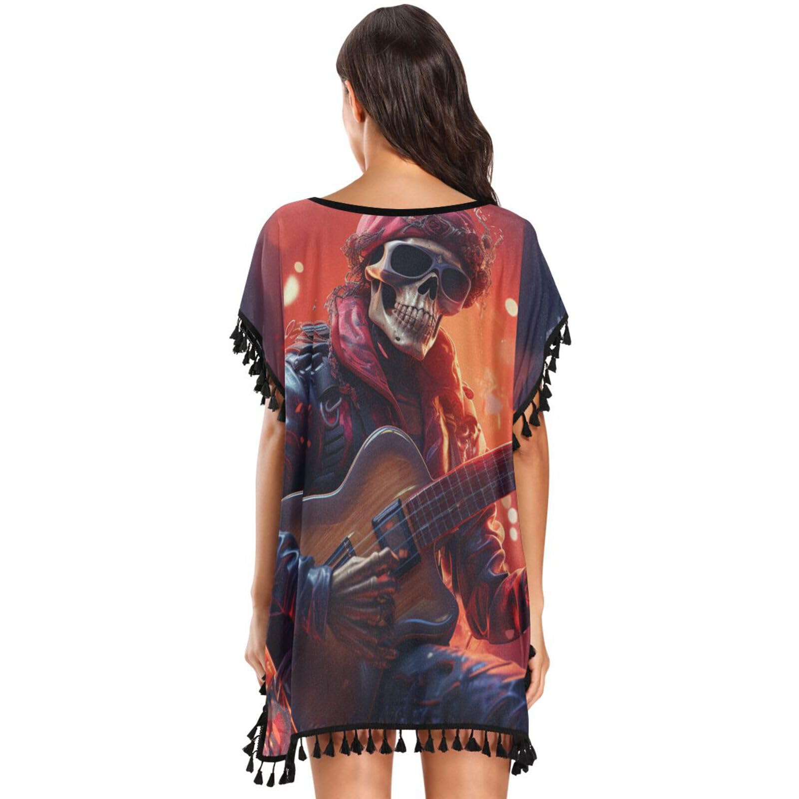 KAAVIYO Fire Skeleton Guitar Women's Beach Cover Up Chiffon Tassel Swimwear Swimsuit Coverups for Girl