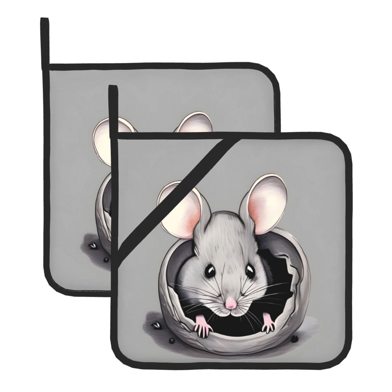 HJFCZH Grey rat Prints Square Hot Pads for Kitchen Counter - Waterproof Pot Holders, Durable Heat Resistant Throw Layers for Serving, Oven & BBQ - 2 Pack