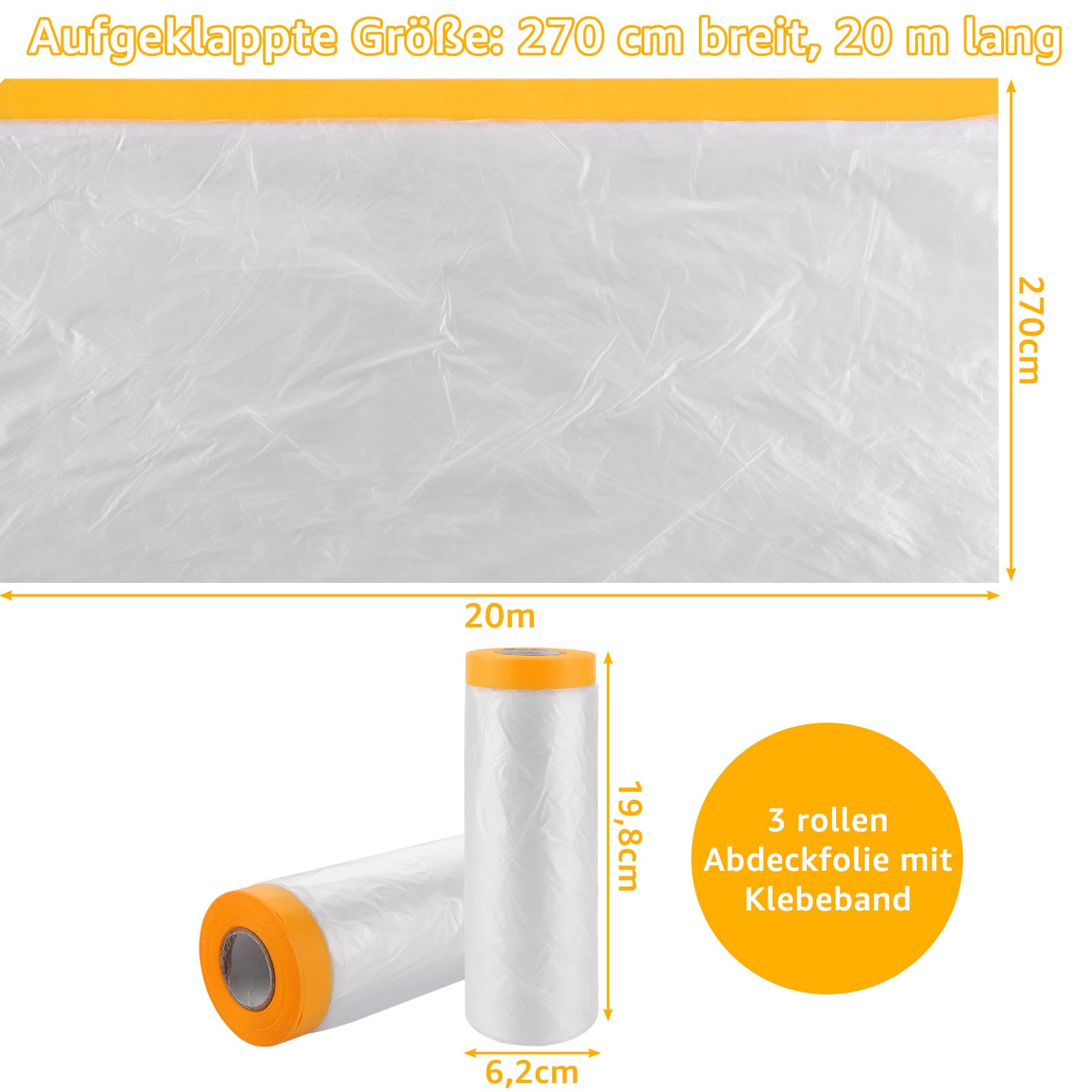 3 Rollen Abdeckfolie mit Klebeband 270cm x 20m Transparente Maler Abdeckfolie mit Goldband UV Beständig Malerfolie mit Klebeband zum Staubschutz Selbstklebende Malerfolie zum Innen und Außen von Wand