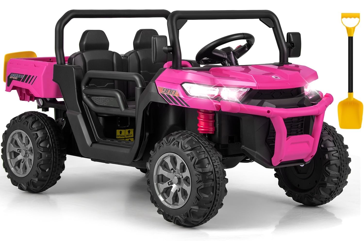 OLAKIDS 2 Seater Ride On Car, 12V Off-Road UTV Electric Vehicle with Remote Control, Dump Bed, Extra Shovel, Music, USB, AUX, Rocking Function, Kids Toddlers Battery Powered Truck (Rose)