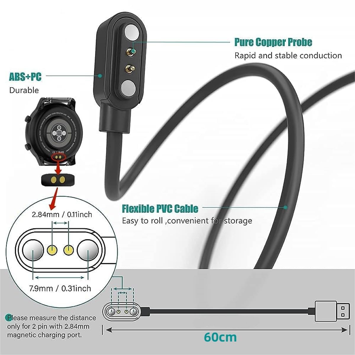 Universal Smart Watch Charger Magnetic 2.84mm [2 Pack] Model A + Model B, Smartwatch Accessories 2 Pin Magnetic Replacement Charger Cable The Charging Distance of Watch is Compatible with 2.5mm - 3mm