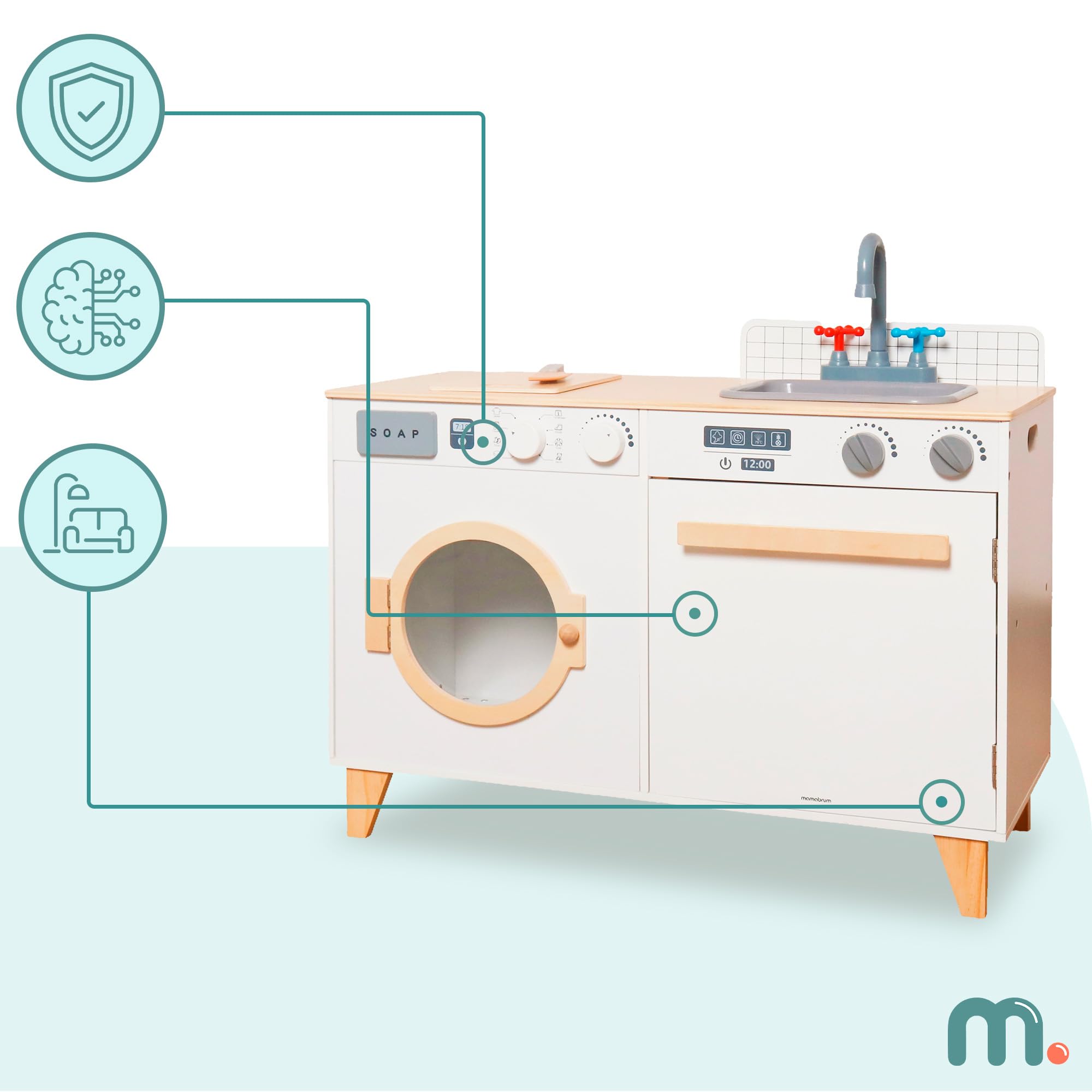 Mamabrum Holz Kinderküche & Waschmaschine – 2 in 1 Set mit Spüle, Waschmaschine und Zubehör für kreatives Rollenspiel