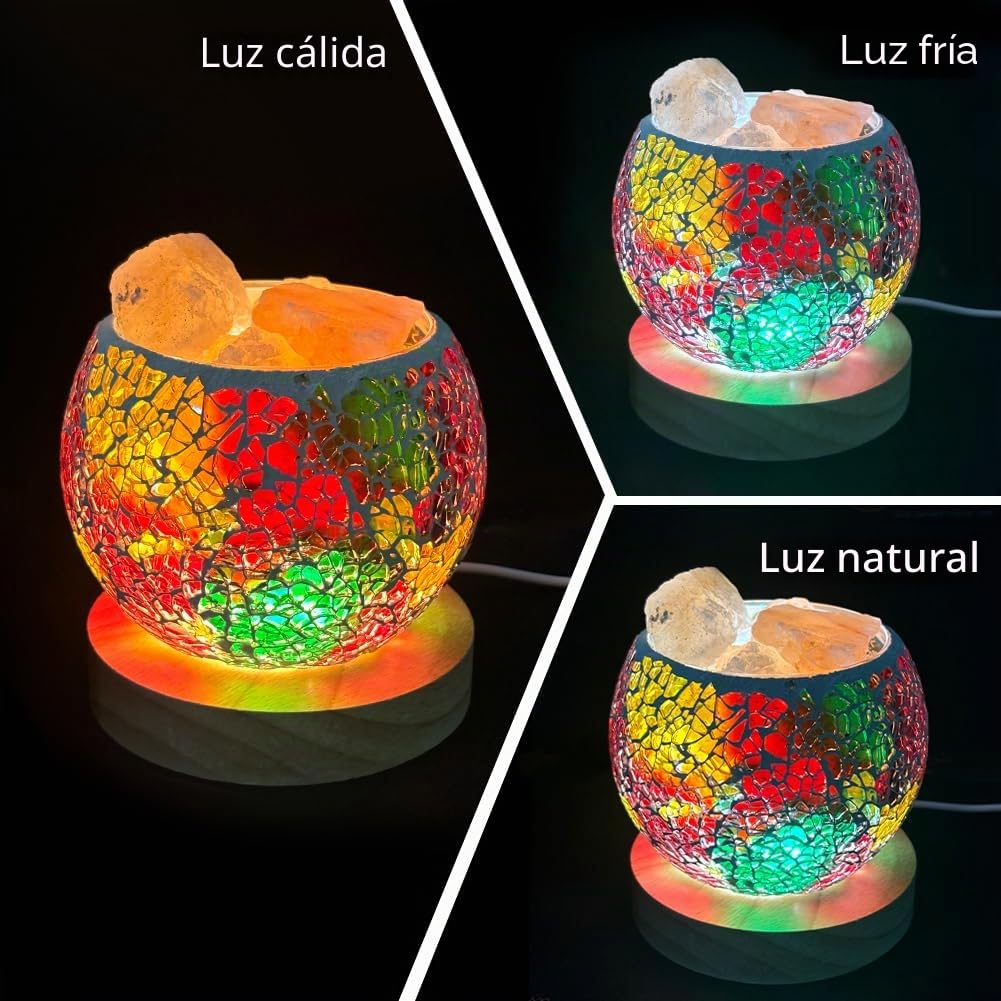 Lámpara de cristal de mosaico de sal del Himalaya, lámpara de noche luminosa con 3 ajustes de intensidad de luz, enchufe USB, base de madera, difusor de aroma para yoga, spa, meditación, color