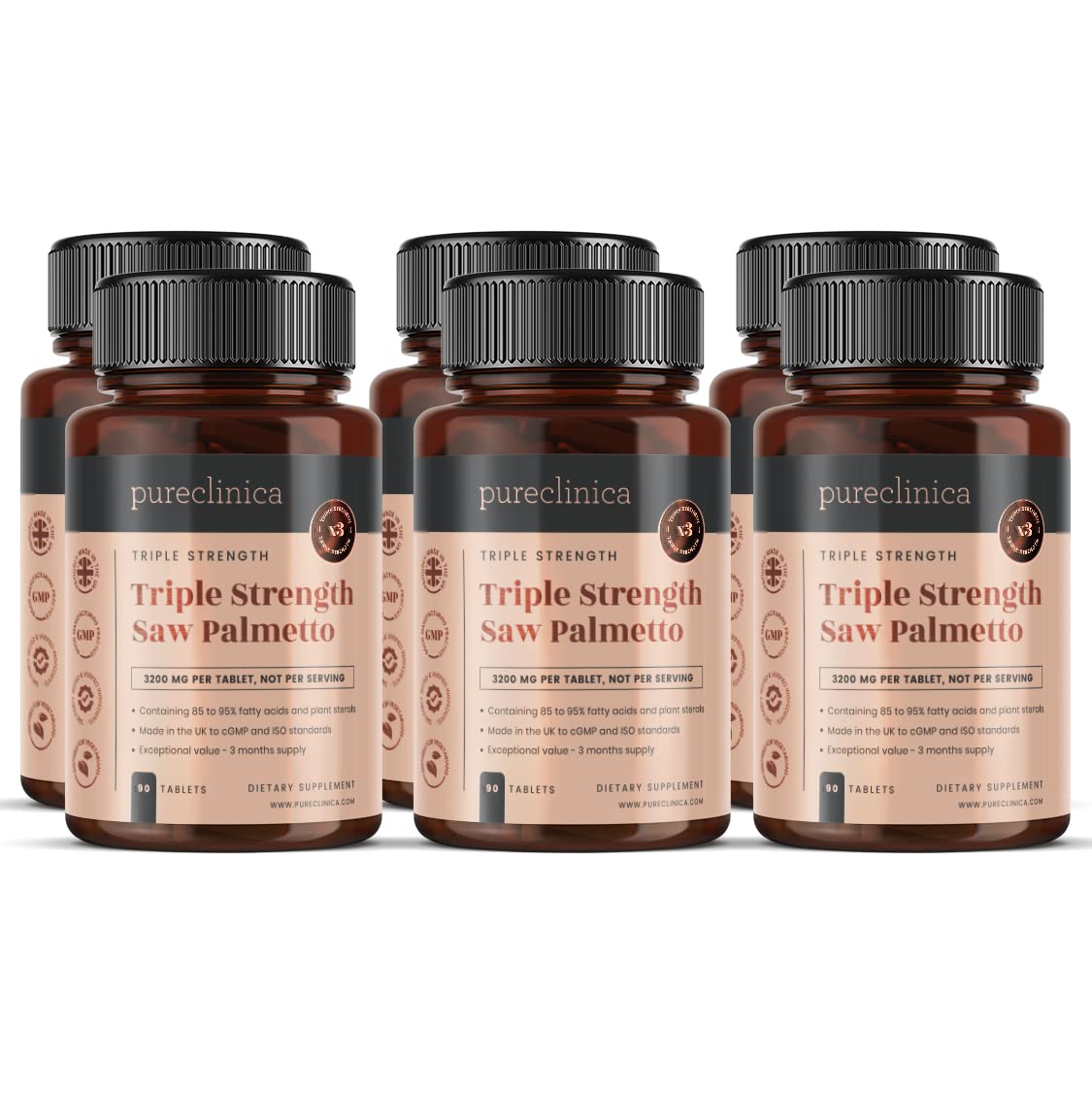 Dreifach-Stärke Sägepalme, 3200 mg x 540 Tabletten (6 Flaschen à 90 Stück) – 18 Monate Vorrat – 95% Fettsäuren – bis zu 10 x stärker