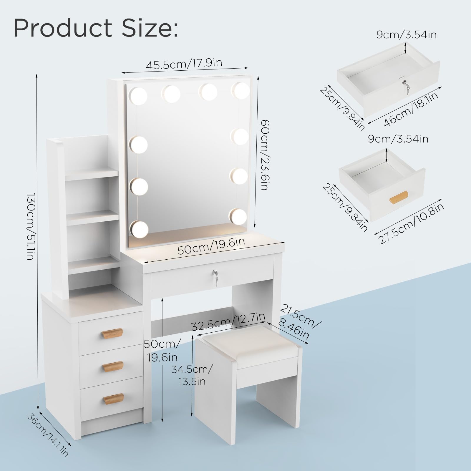 Tocador Blanco, Tocador con Espejo y Taburete, 10 Luces LED, Estilo Moderno, Mesa de Maquillaje con Estantes Abiertos y 4 Cajones, para Dormitorio, Salón, 135x80x36 cm