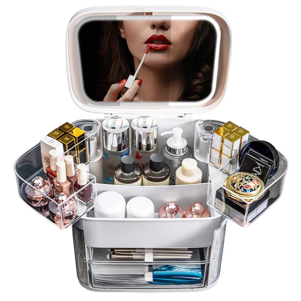 JJONE Multifunctional Makeup Organizer with Dustproof,Large Capacit with Mirror,Portable,Jewelry Display,Fashion Skincare Cosmetics Storage Box with Drawers,for Bathrooms Countertop (B-White)